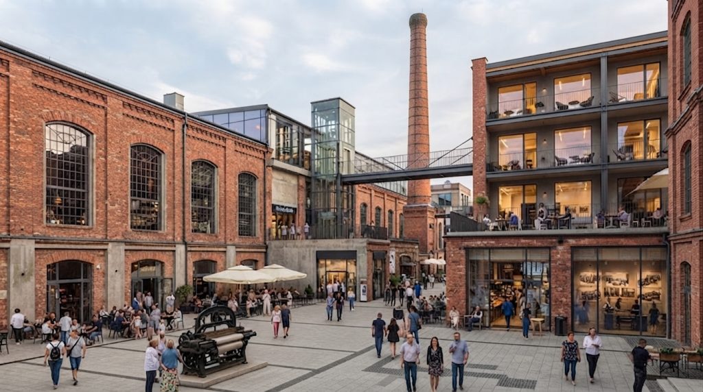 Ten obraz przedstawia nowoczesny, zrewitalizowany kompleks postindustrialny
